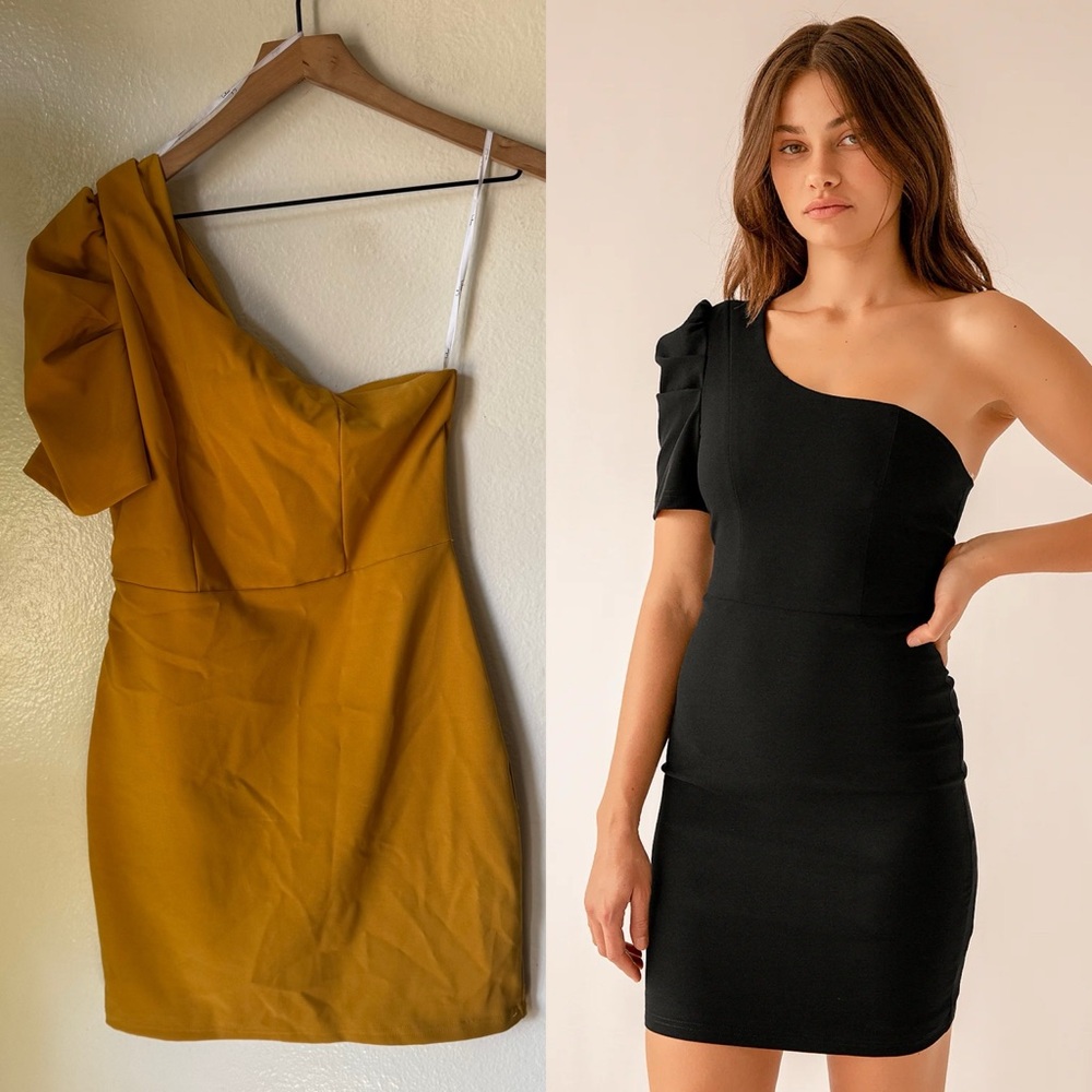 Lulus | Stay Gorgeous Mustard Yellow One-Shoulder Puff Sleeve Mini Dress